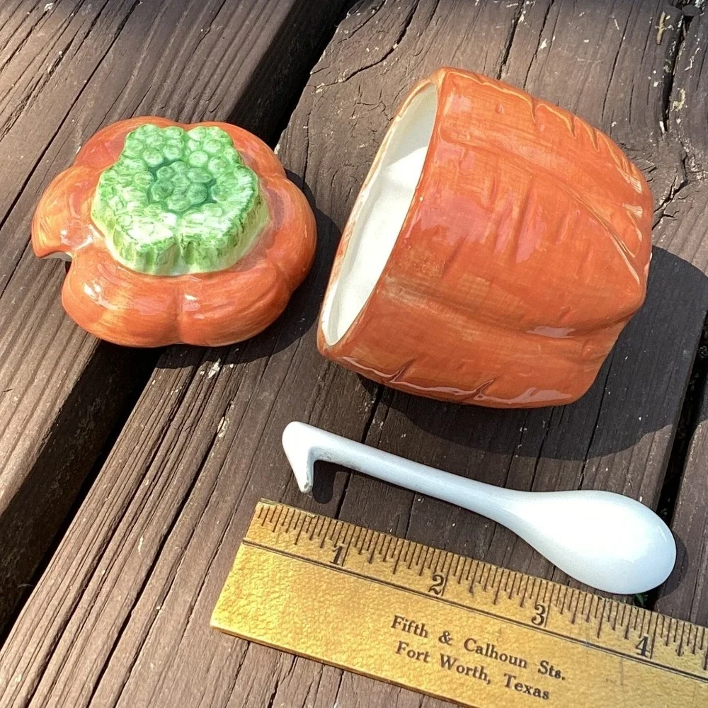 Vintage Ceramic Pumpkin Jar with Lid and Spoon Fall Harvest Kitchen Decor‎